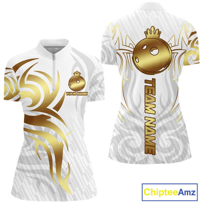 Custom White And Gold Bowling Ball Crown Bowling Shirt For Women, Bowling League Team Jersey TDM7590