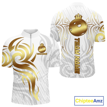 Custom White And Gold Bowling Ball Crown Bowling Shirt For Men, Bowling League Team Jersey TDM7590