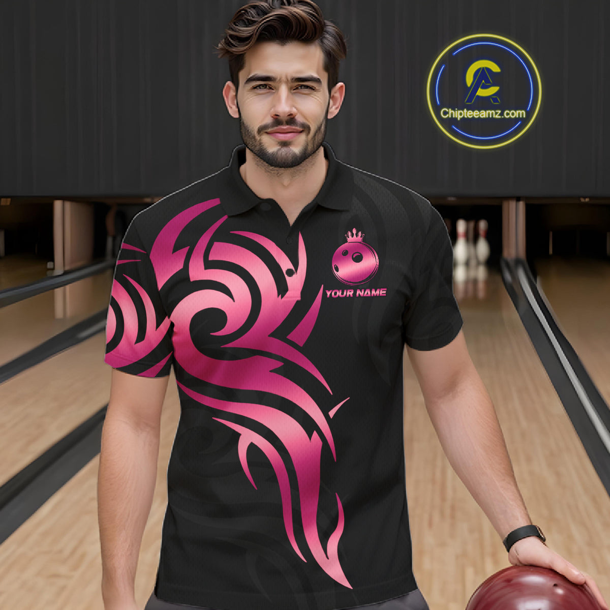 Custom Pink And Black Bowling Ball Crown Bowling Shirt For Men, Bowling League Team Jersey TDM7591