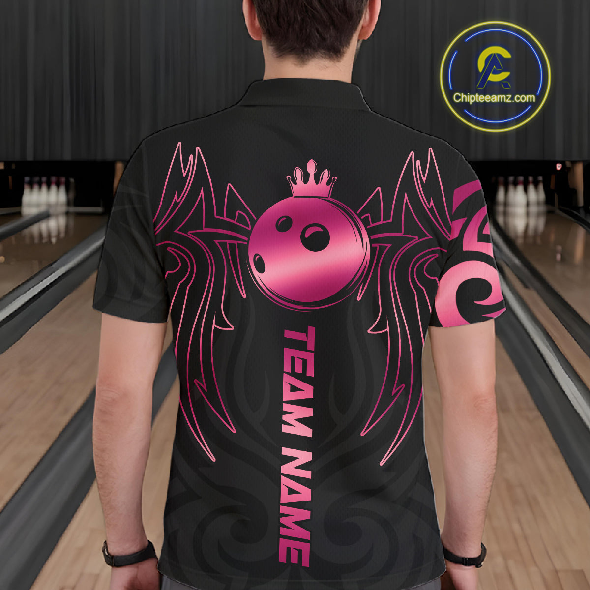 Custom Pink And Black Bowling Ball Crown Bowling Shirt For Men, Bowling League Team Jersey TDM7591