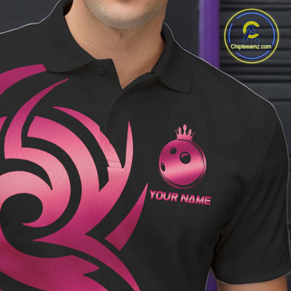 Custom Pink And Black Bowling Ball Crown Bowling Shirt For Men, Bowling League Team Jersey TDM7591