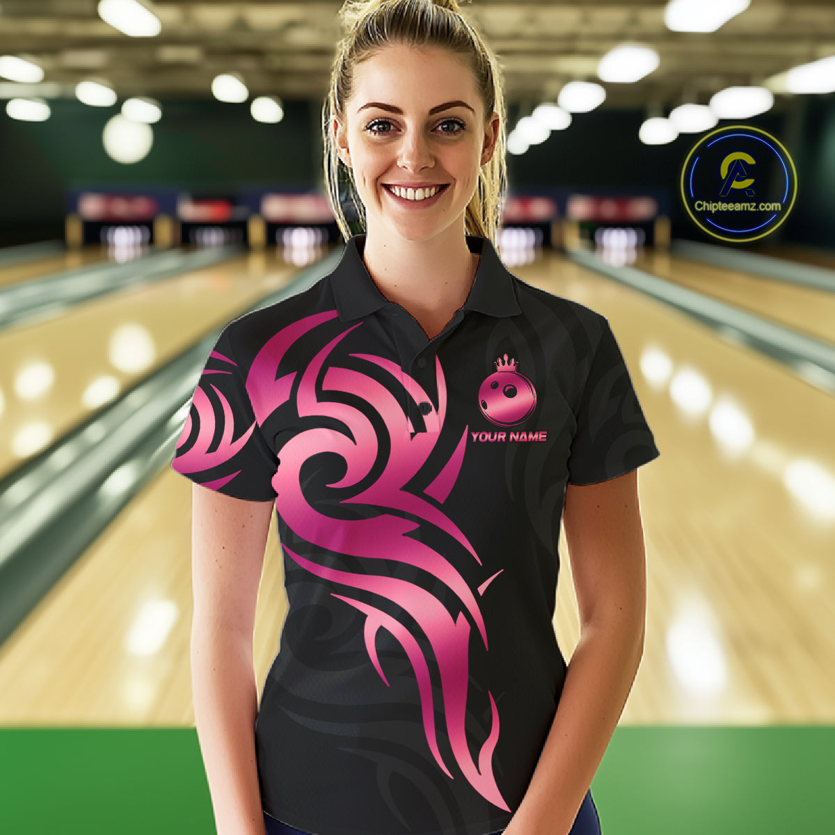 Custom Pink And Black Bowling Ball Crown Bowling Shirt For Women, Bowling League Team Jersey TDM7591