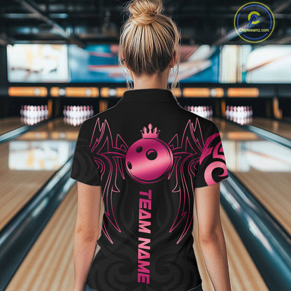 Custom Pink And Black Bowling Ball Crown Bowling Shirt For Women, Bowling League Team Jersey TDM7591