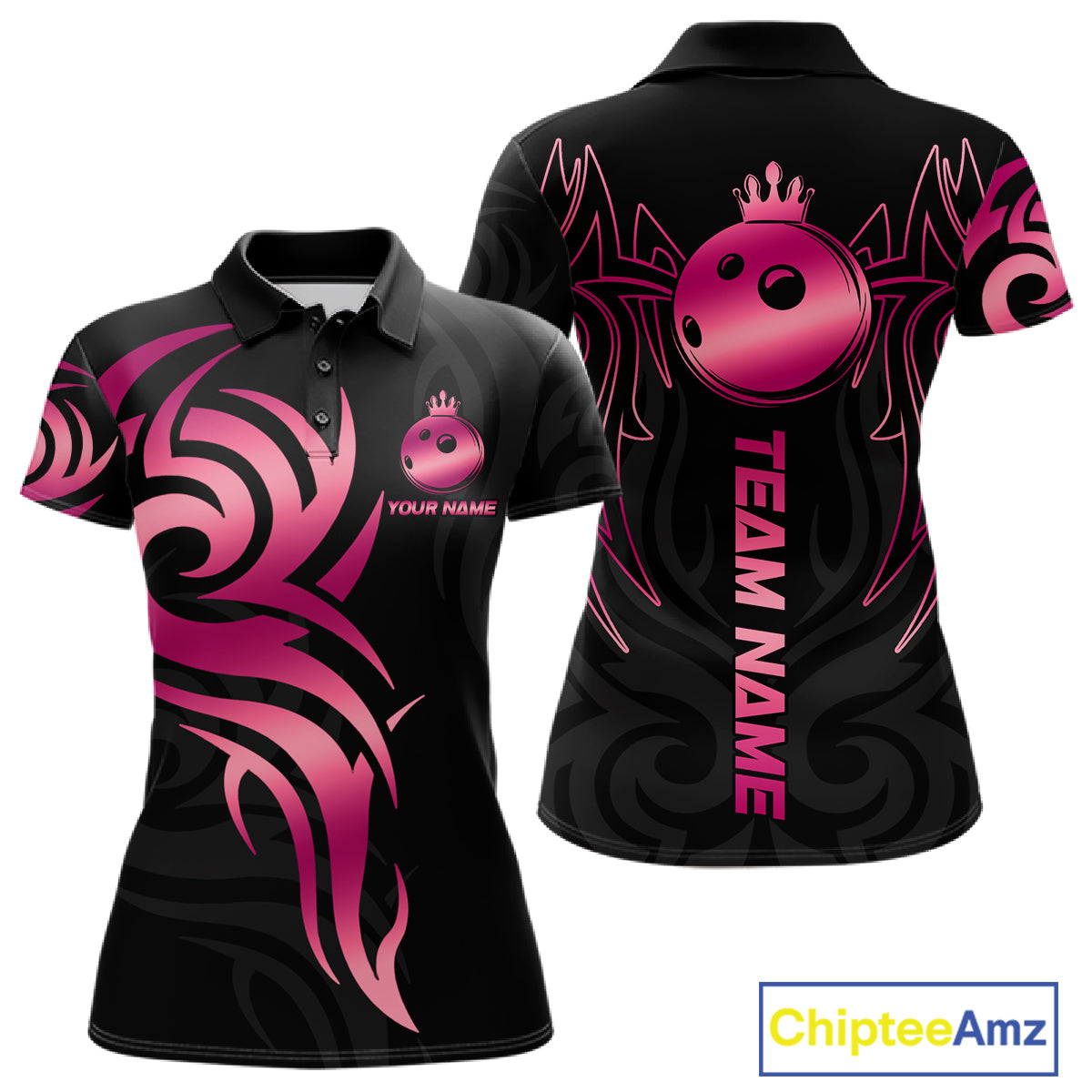 Custom Pink And Black Bowling Ball Crown Bowling Shirt For Women, Bowling League Team Jersey TDM7591