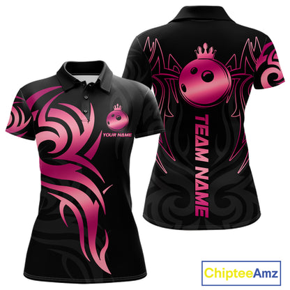 Custom Pink And Black Bowling Ball Crown Bowling Shirt For Women, Bowling League Team Jersey TDM7591