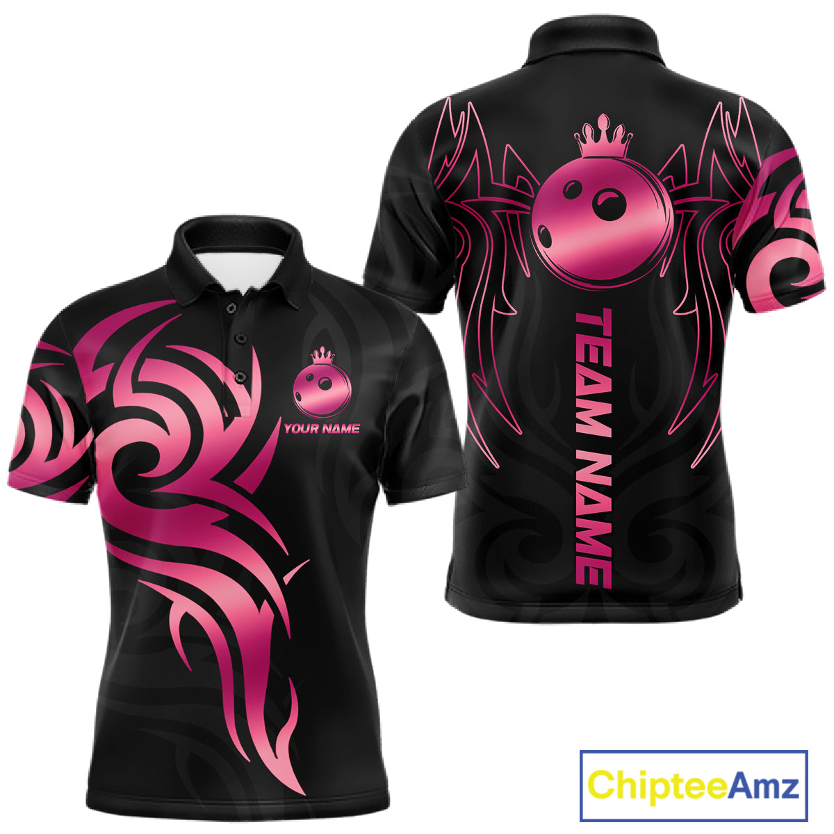 Custom Pink And Black Bowling Ball Crown Bowling Shirt For Men, Bowling League Team Jersey TDM7591