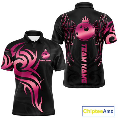 Custom Pink And Black Bowling Ball Crown Bowling Shirt For Men, Bowling League Team Jersey TDM7591
