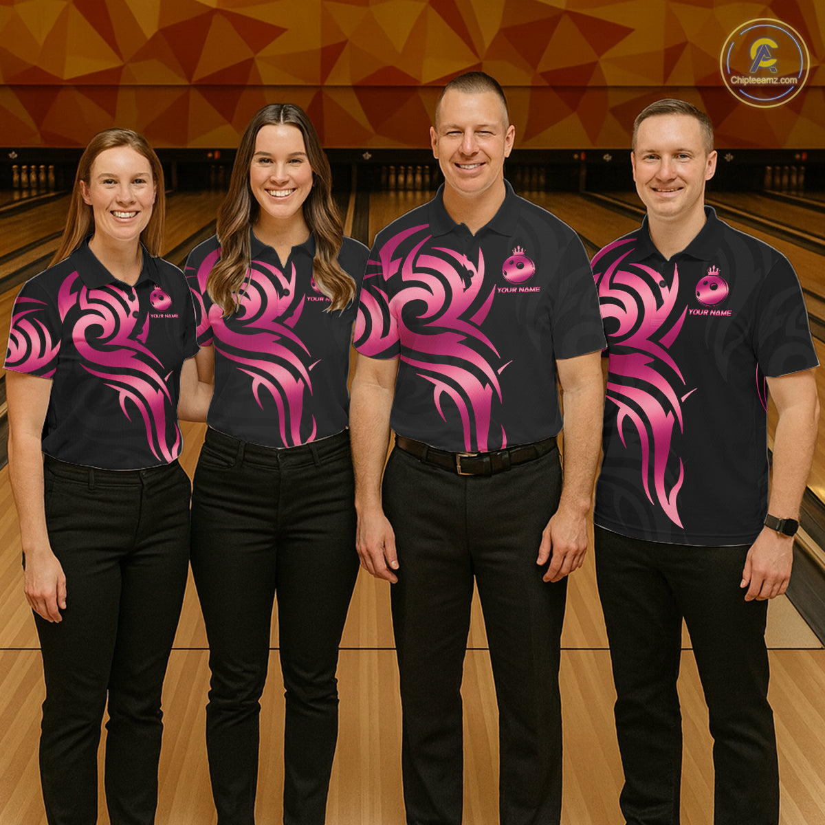 Custom Pink And Black Bowling Ball Crown Bowling Shirt For Men, Bowling League Team Jersey TDM7591