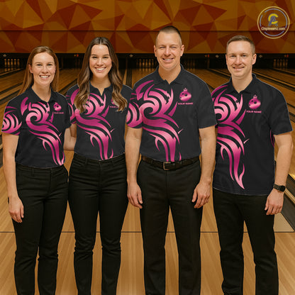 Custom Pink And Black Bowling Ball Crown Bowling Shirt For Men, Bowling League Team Jersey TDM7591