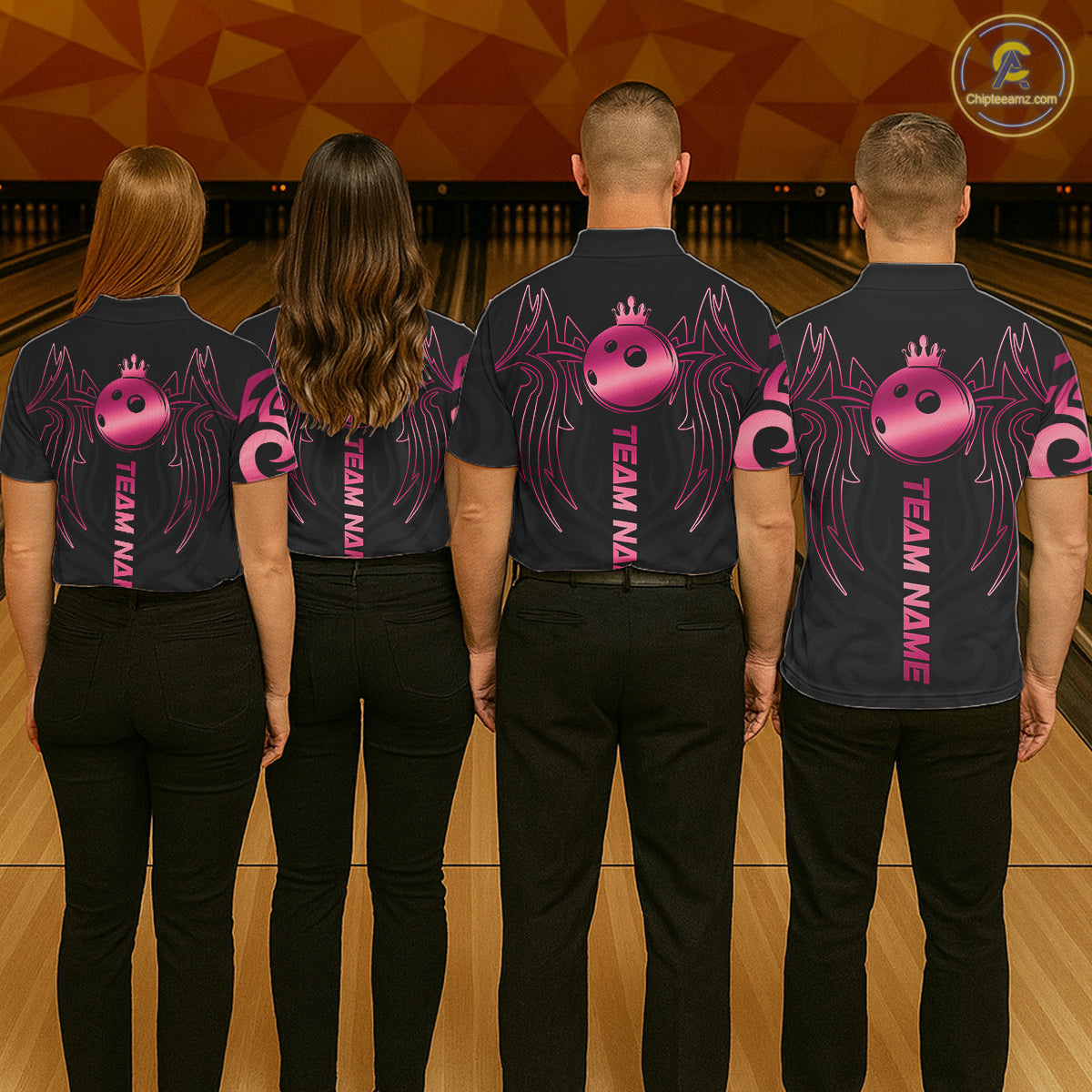 Custom Pink And Black Bowling Ball Crown Bowling Shirt For Men, Bowling League Team Jersey TDM7591