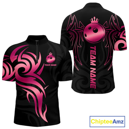Custom Pink And Black Bowling Ball Crown Bowling Shirt For Men, Bowling League Team Jersey TDM7591