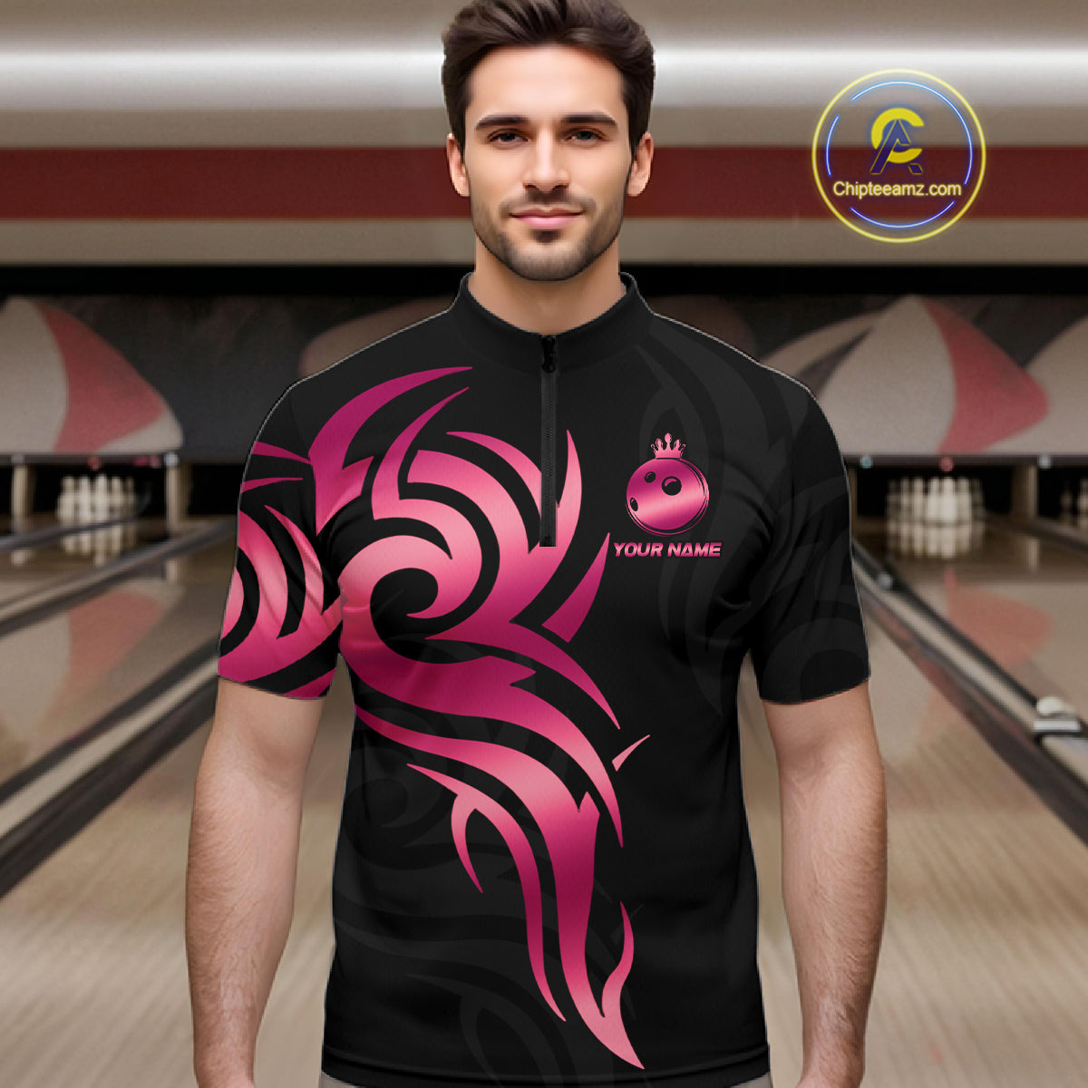Custom Pink And Black Bowling Ball Crown Bowling Shirt For Men, Bowling League Team Jersey TDM7591