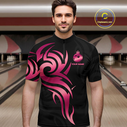 Custom Pink And Black Bowling Ball Crown Bowling Shirt For Men, Bowling League Team Jersey TDM7591