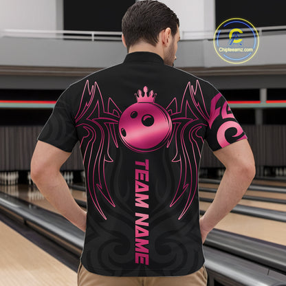 Custom Pink And Black Bowling Ball Crown Bowling Shirt For Men, Bowling League Team Jersey TDM7591