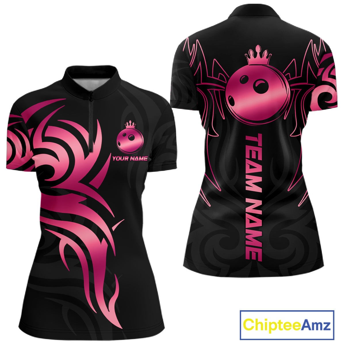 Custom Pink And Black Bowling Ball Crown Bowling Shirt For Women, Bowling League Team Jersey TDM7591