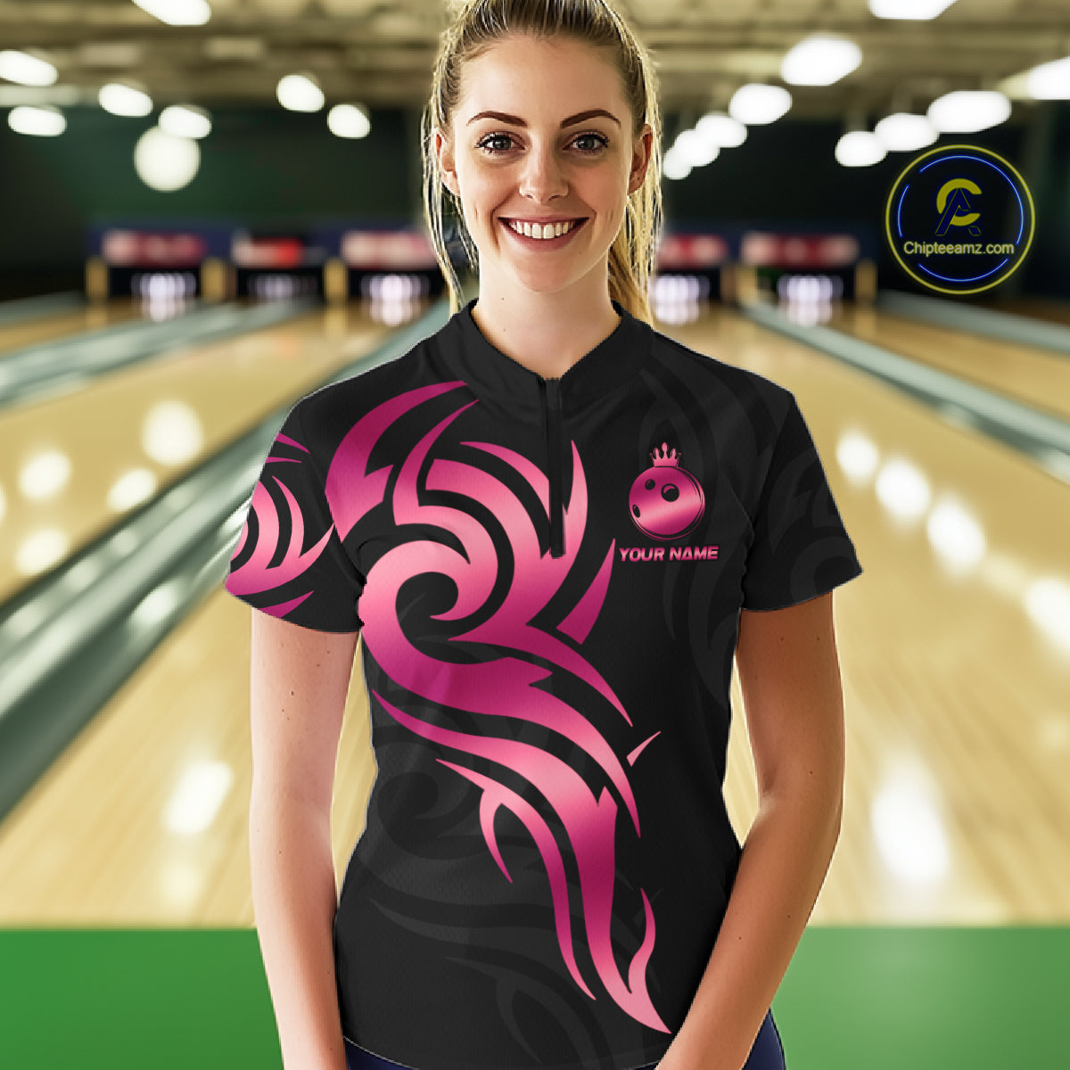 Custom Pink And Black Bowling Ball Crown Bowling Shirt For Women, Bowling League Team Jersey TDM7591