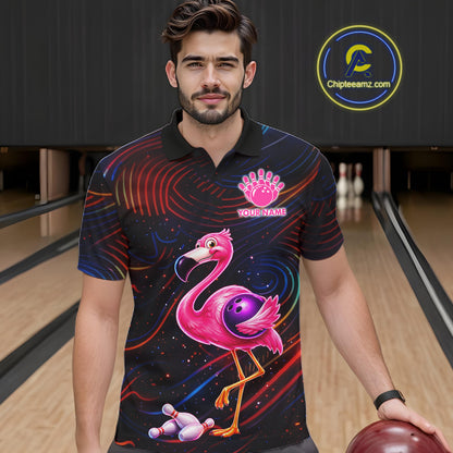Funny Neon Flamingo Bowling Shirts For Men Custom Bowling Team Jersey Polo & 1/4 Zip, Bowling Gift TDM7592