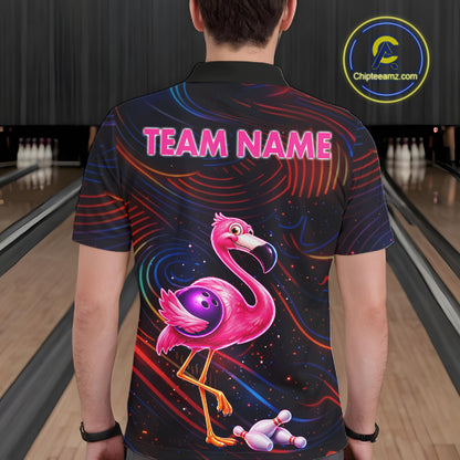 Funny Neon Flamingo Bowling Shirts For Men Custom Bowling Team Jersey Polo & 1/4 Zip, Bowling Gift TDM7592