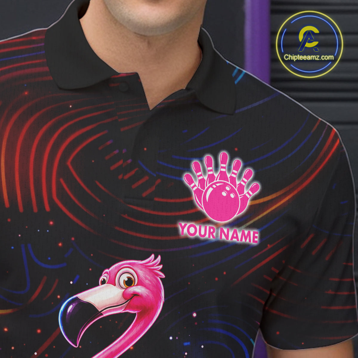Funny Neon Flamingo Bowling Shirts For Men Custom Bowling Team Jersey Polo & 1/4 Zip, Bowling Gift TDM7592