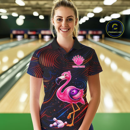 Funny Neon Flamingo Bowling Shirts For Women Custom Bowling Team Jersey Polo & 1/4 Zip, Bowling Gift TDM7592