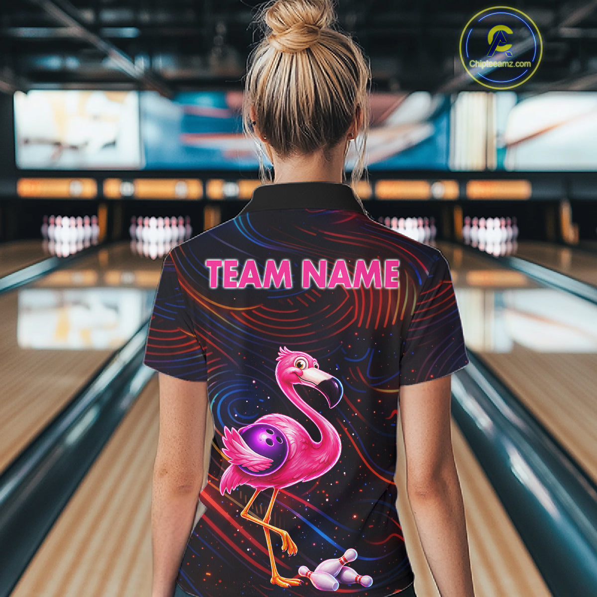 Funny Neon Flamingo Bowling Shirts For Women Custom Bowling Team Jersey Polo & 1/4 Zip, Bowling Gift TDM7592