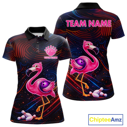 Funny Neon Flamingo Bowling Shirts For Women Custom Bowling Team Jersey Polo & 1/4 Zip, Bowling Gift TDM7592