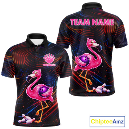 Funny Neon Flamingo Bowling Shirts For Men Custom Bowling Team Jersey Polo & 1/4 Zip, Bowling Gift TDM7592