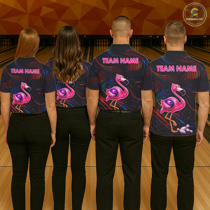 Funny Neon Flamingo Bowling Shirts For Men Custom Bowling Team Jersey Polo & 1/4 Zip, Bowling Gift TDM7592