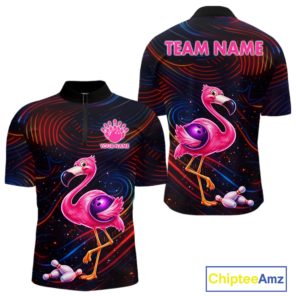 Funny Neon Flamingo Bowling Shirts For Men Custom Bowling Team Jersey Polo & 1/4 Zip, Bowling Gift TDM7592