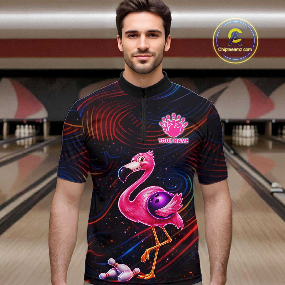 Funny Neon Flamingo Bowling Shirts For Men Custom Bowling Team Jersey Polo & 1/4 Zip, Bowling Gift TDM7592