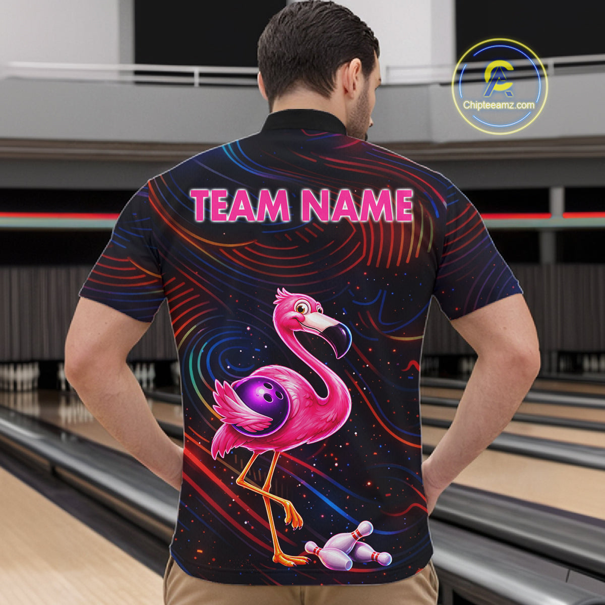 Funny Neon Flamingo Bowling Shirts For Men Custom Bowling Team Jersey Polo & 1/4 Zip, Bowling Gift TDM7592