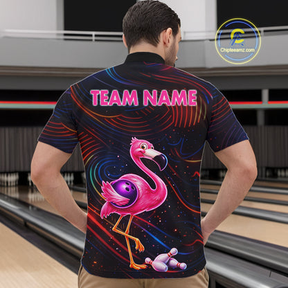 Funny Neon Flamingo Bowling Shirts For Men Custom Bowling Team Jersey Polo & 1/4 Zip, Bowling Gift TDM7592