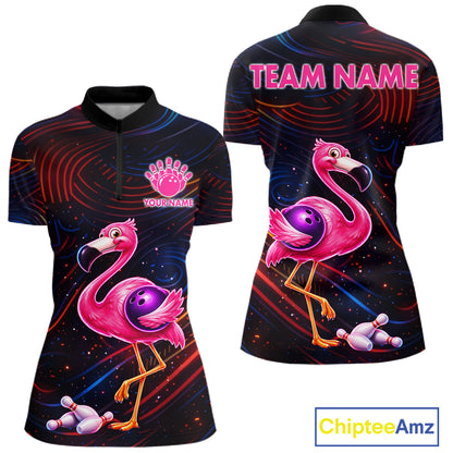 Funny Neon Flamingo Bowling Shirts For Women Custom Bowling Team Jersey Polo & 1/4 Zip, Bowling Gift TDM7592