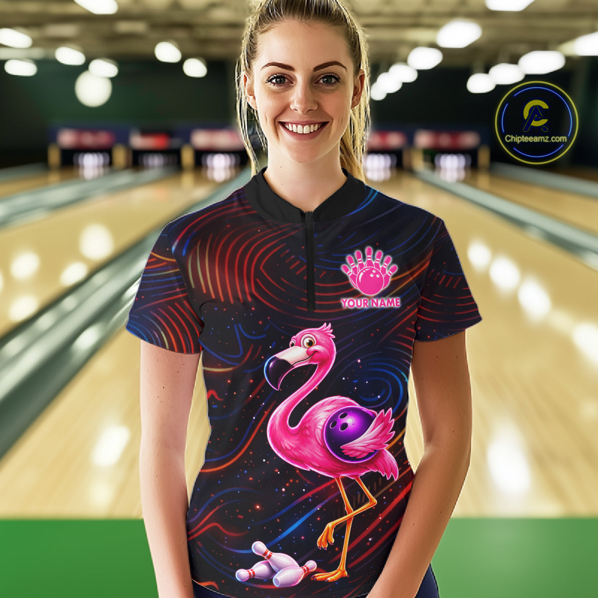 Funny Neon Flamingo Bowling Shirts For Women Custom Bowling Team Jersey Polo & 1/4 Zip, Bowling Gift TDM7592