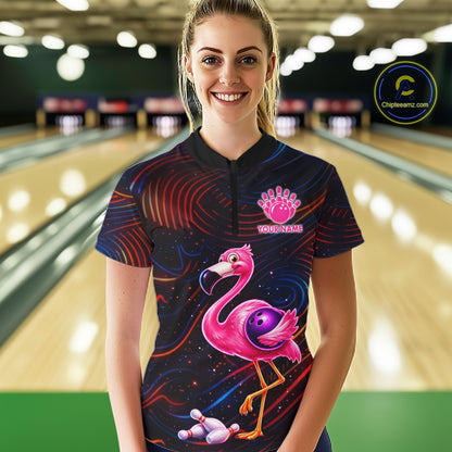 Funny Neon Flamingo Bowling Shirts For Women Custom Bowling Team Jersey Polo & 1/4 Zip, Bowling Gift TDM7592