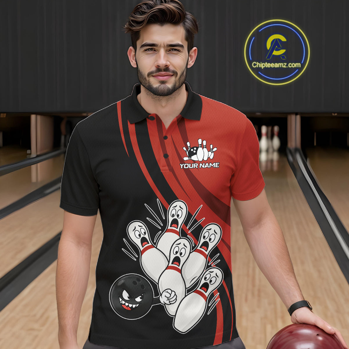 Funny Bowling Ball And Pins Black And Red Bowling Jersey For Men Custom Bowling League Team Shirts TDM7593