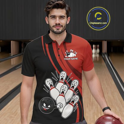 Funny Bowling Ball And Pins Black And Red Bowling Jersey For Men Custom Bowling League Team Shirts TDM7593