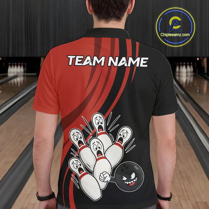 Funny Bowling Ball And Pins Black And Red Bowling Jersey For Men Custom Bowling League Team Shirts TDM7593