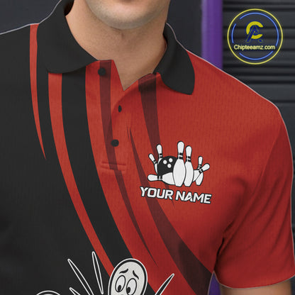 Funny Bowling Ball And Pins Black And Red Bowling Jersey For Men Custom Bowling League Team Shirts TDM7593