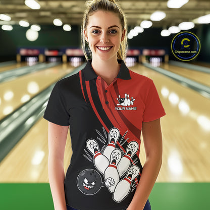 Funny Bowling Ball And Pins Black And Red Bowling Jersey For Women Custom Bowling League Team Shirts TDM7593