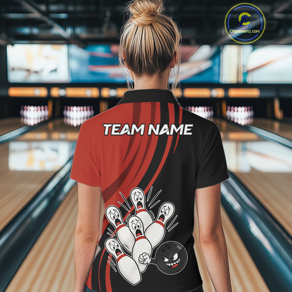 Funny Bowling Ball And Pins Black And Red Bowling Jersey For Women Custom Bowling League Team Shirts TDM7593