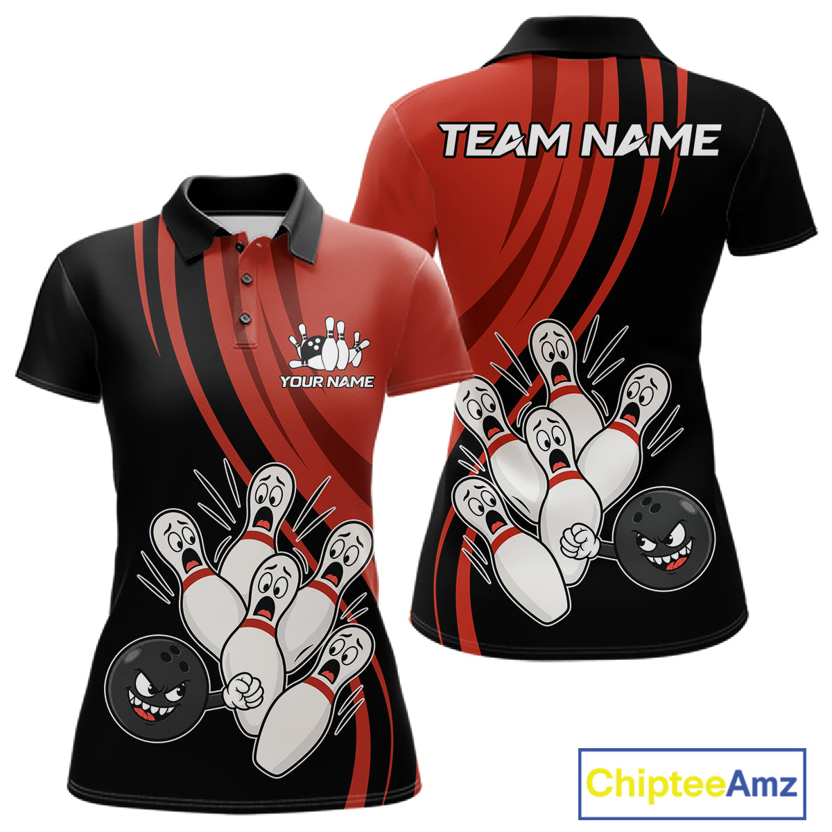 Funny Bowling Ball And Pins Black And Red Bowling Jersey For Women Custom Bowling League Team Shirts TDM7593