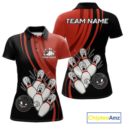 Funny Bowling Ball And Pins Black And Red Bowling Jersey For Women Custom Bowling League Team Shirts TDM7593