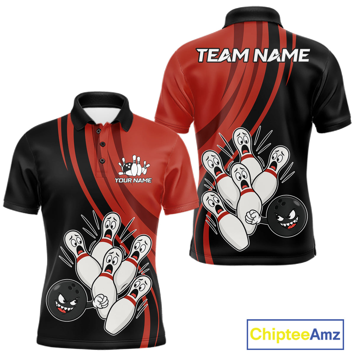 Funny Bowling Ball And Pins Black And Red Bowling Jersey For Men Custom Bowling League Team Shirts TDM7593