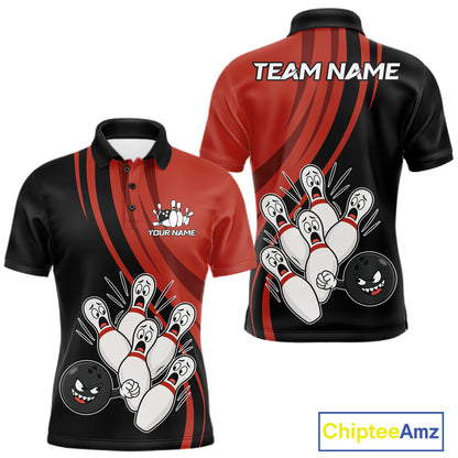 Funny Bowling Ball And Pins Black And Red Bowling Jersey For Men Custom Bowling League Team Shirts TDM7593