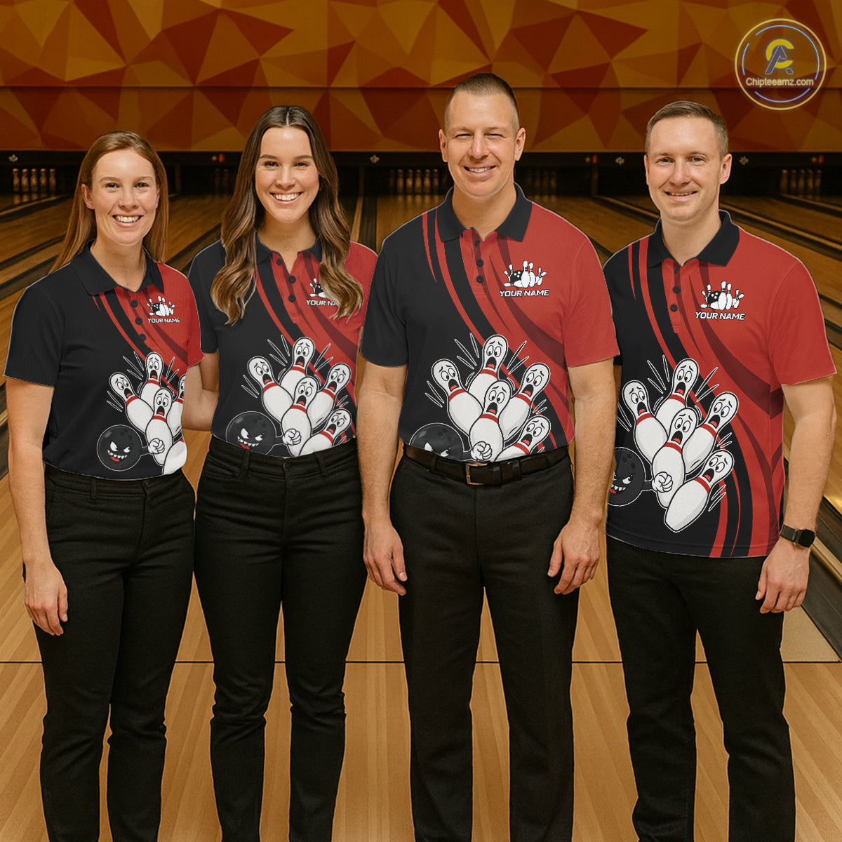 Funny Bowling Ball And Pins Black And Red Bowling Jersey For Men Custom Bowling League Team Shirts TDM7593