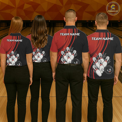 Funny Bowling Ball And Pins Black And Red Bowling Jersey For Men Custom Bowling League Team Shirts TDM7593