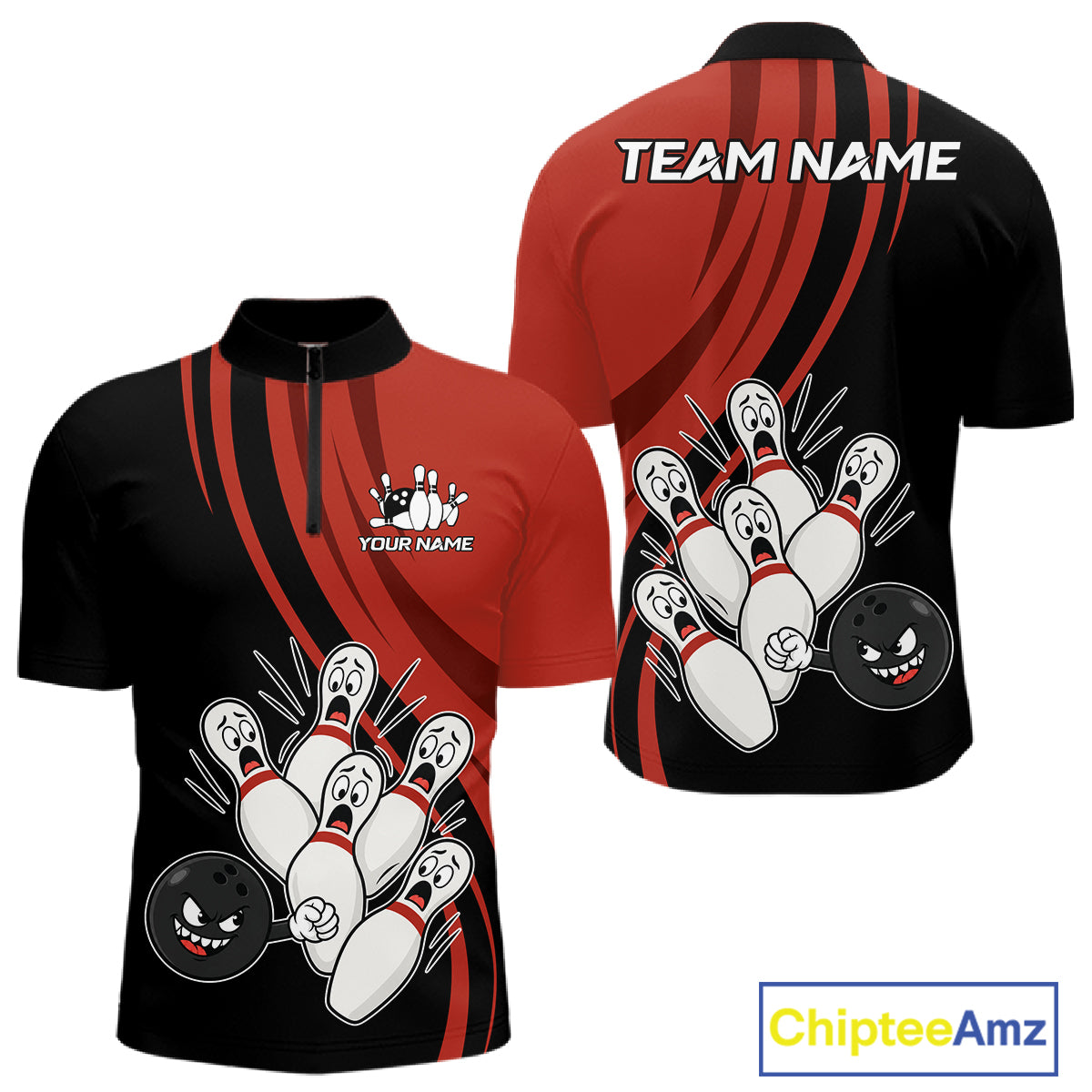 Funny Bowling Ball And Pins Black And Red Bowling Jersey For Men Custom Bowling League Team Shirts TDM7593