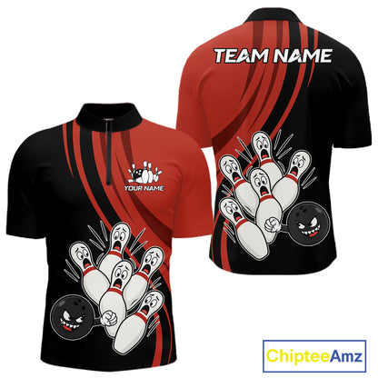 Funny Bowling Ball And Pins Black And Red Bowling Jersey For Men Custom Bowling League Team Shirts TDM7593