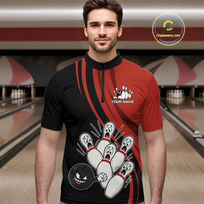 Funny Bowling Ball And Pins Black And Red Bowling Jersey For Men Custom Bowling League Team Shirts TDM7593